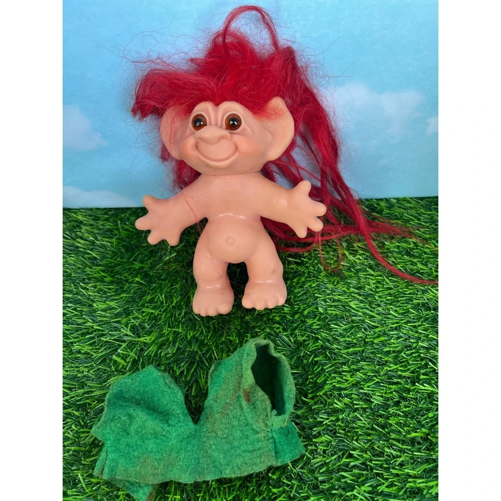 Vintage Thomas Dam Troll Doll Red Hair Amber Eyes with Green Felt Outfit